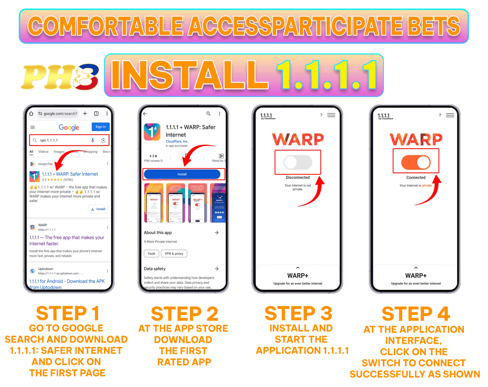 WARP 1.1.1.1 Google Play listing for ABC8 access
